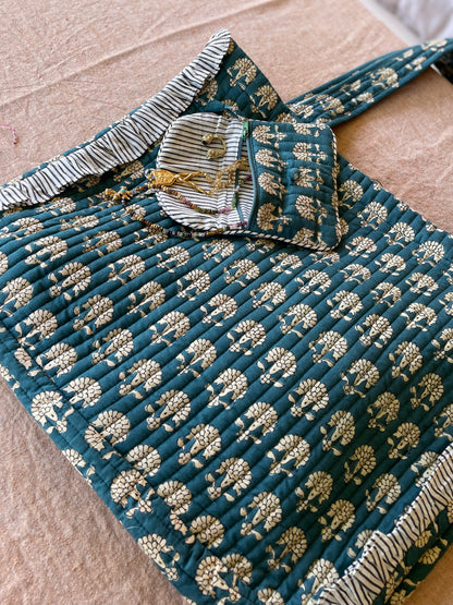 Cabas froufrou en coton blockprint matelassé Bleu jeans