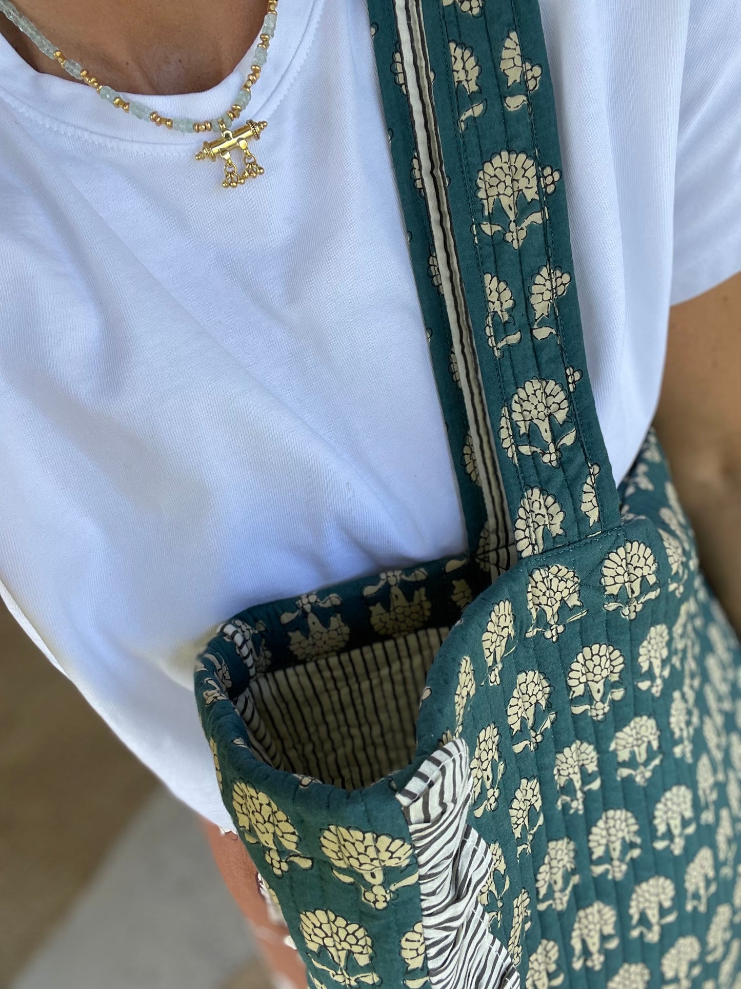 Cabas froufrou en coton blockprint matelassé Bleu jeans