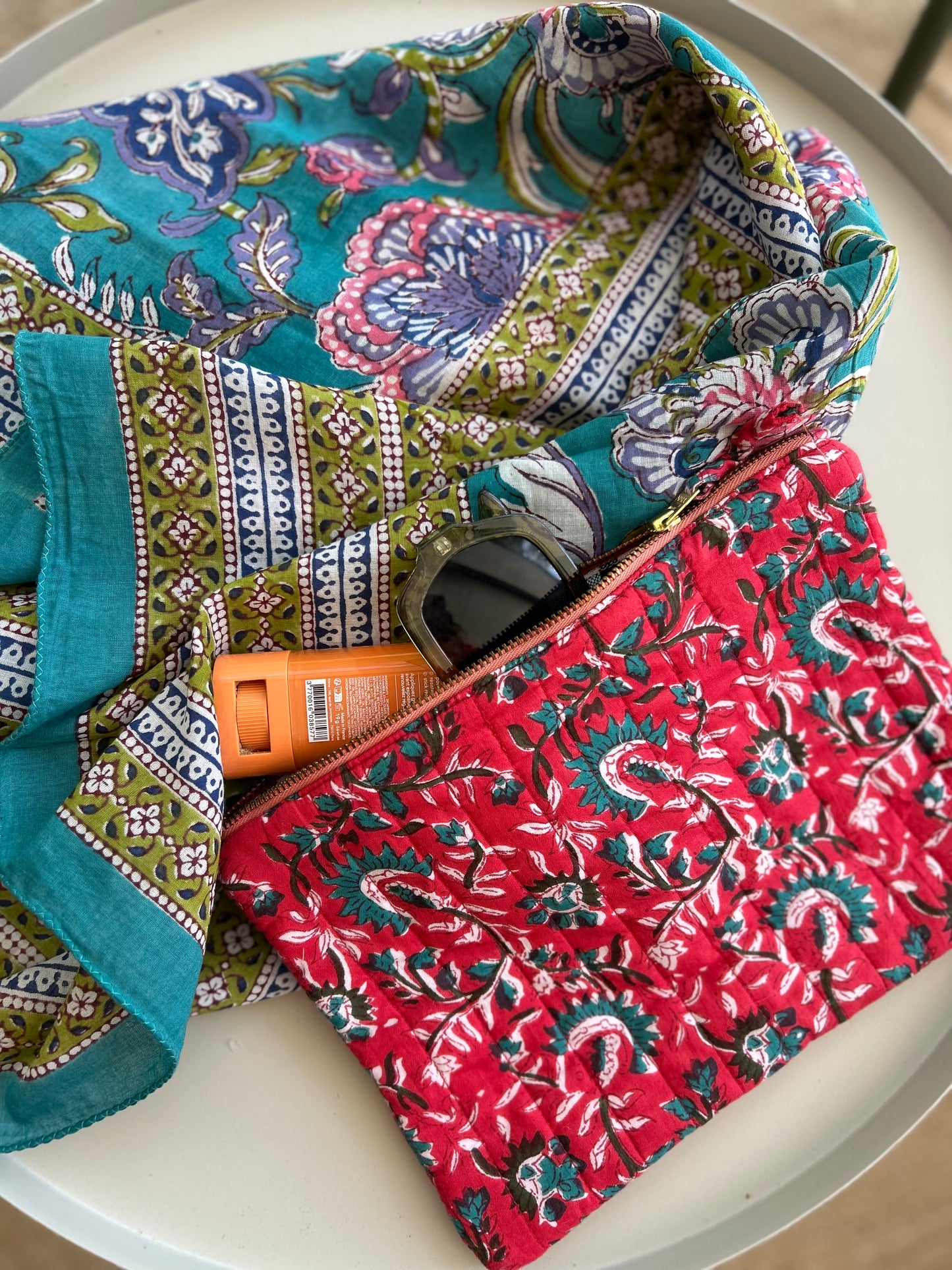 Pochette matelassée blockprint — Jardin fleuri