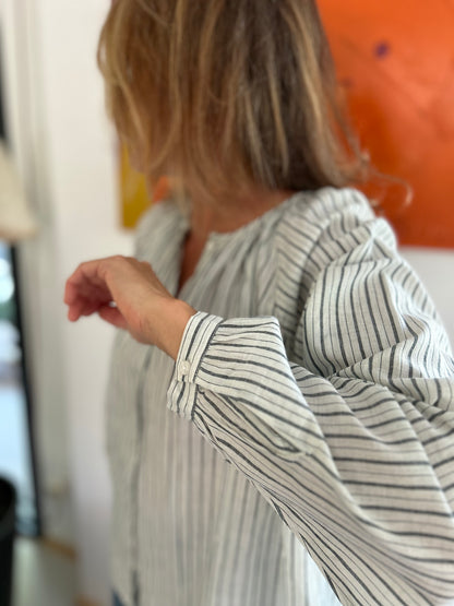 Blouse GEETA en coton Khadi rayé gris & écru