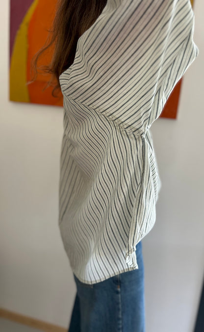 Blouse GEETA en coton Khadi rayé gris & écru