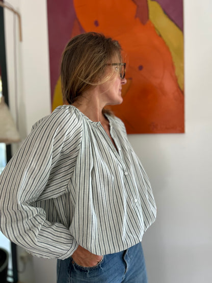Blouse GEETA en coton Khadi rayé gris & écru