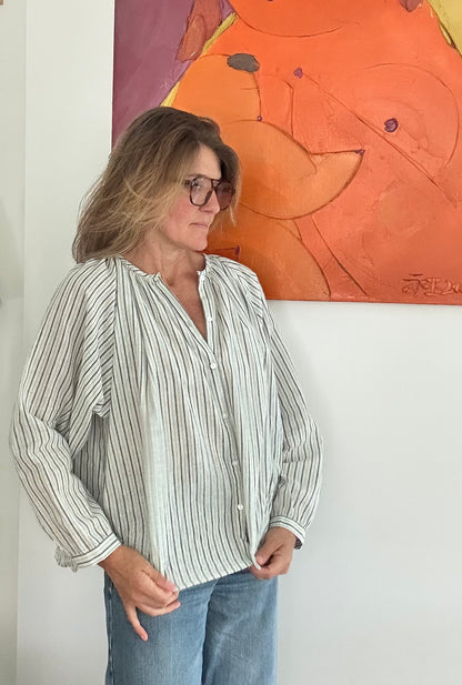 Blouse GEETA en coton Khadi rayé gris & écru