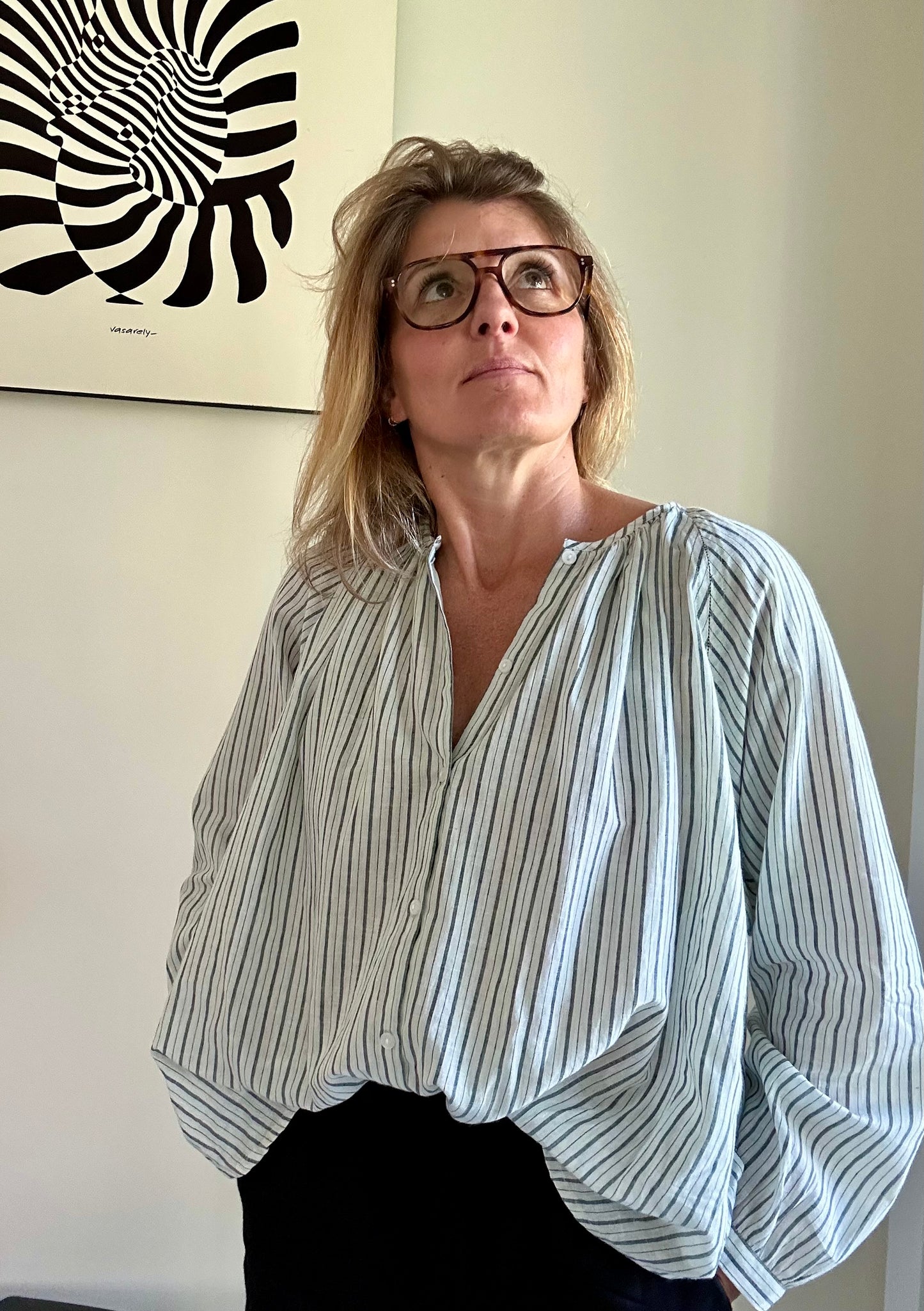 Blouse GEETA en coton Khadi rayé gris & écru