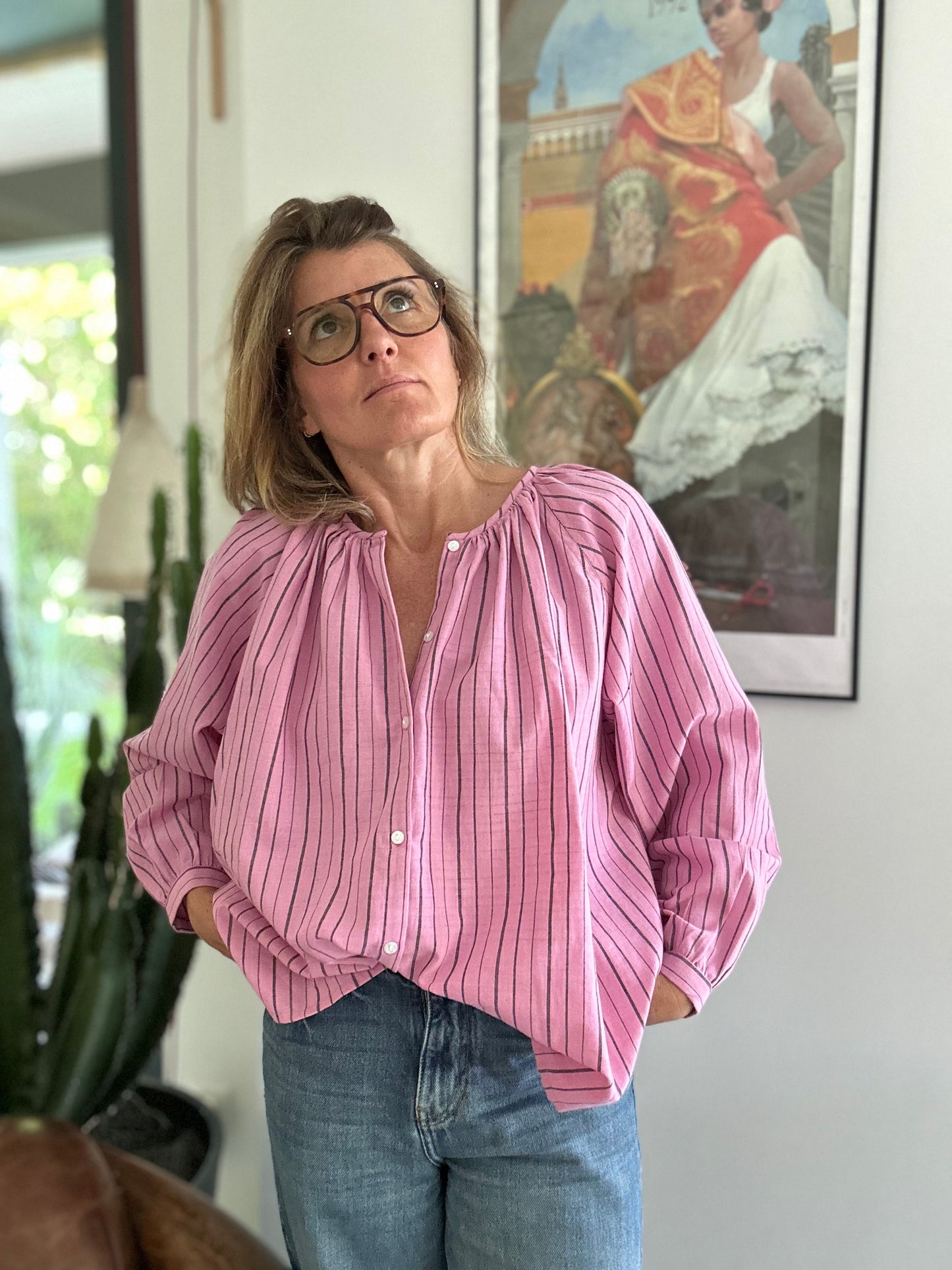 Blouse GEETA en coton Khadi rayé gris foncé & rose