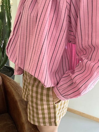 Short ARCA  en khadi de coton carreaux rose & kaki