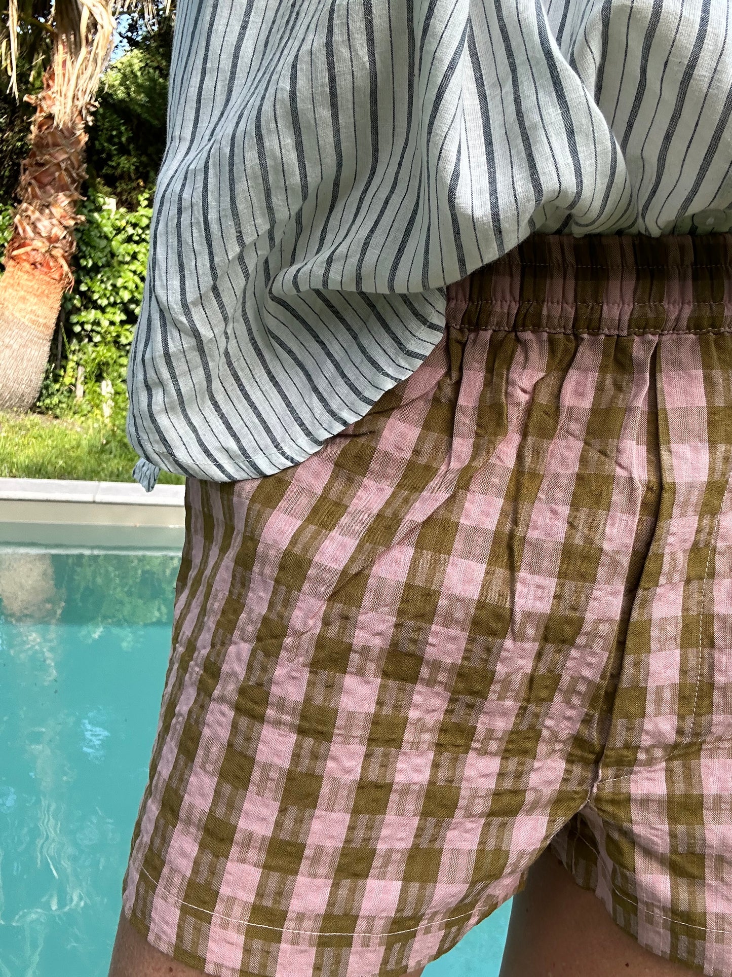 Short ARCA  en khadi de coton carreaux rose & kaki
