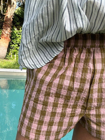 Short ARCA  en khadi de coton carreaux rose & kaki