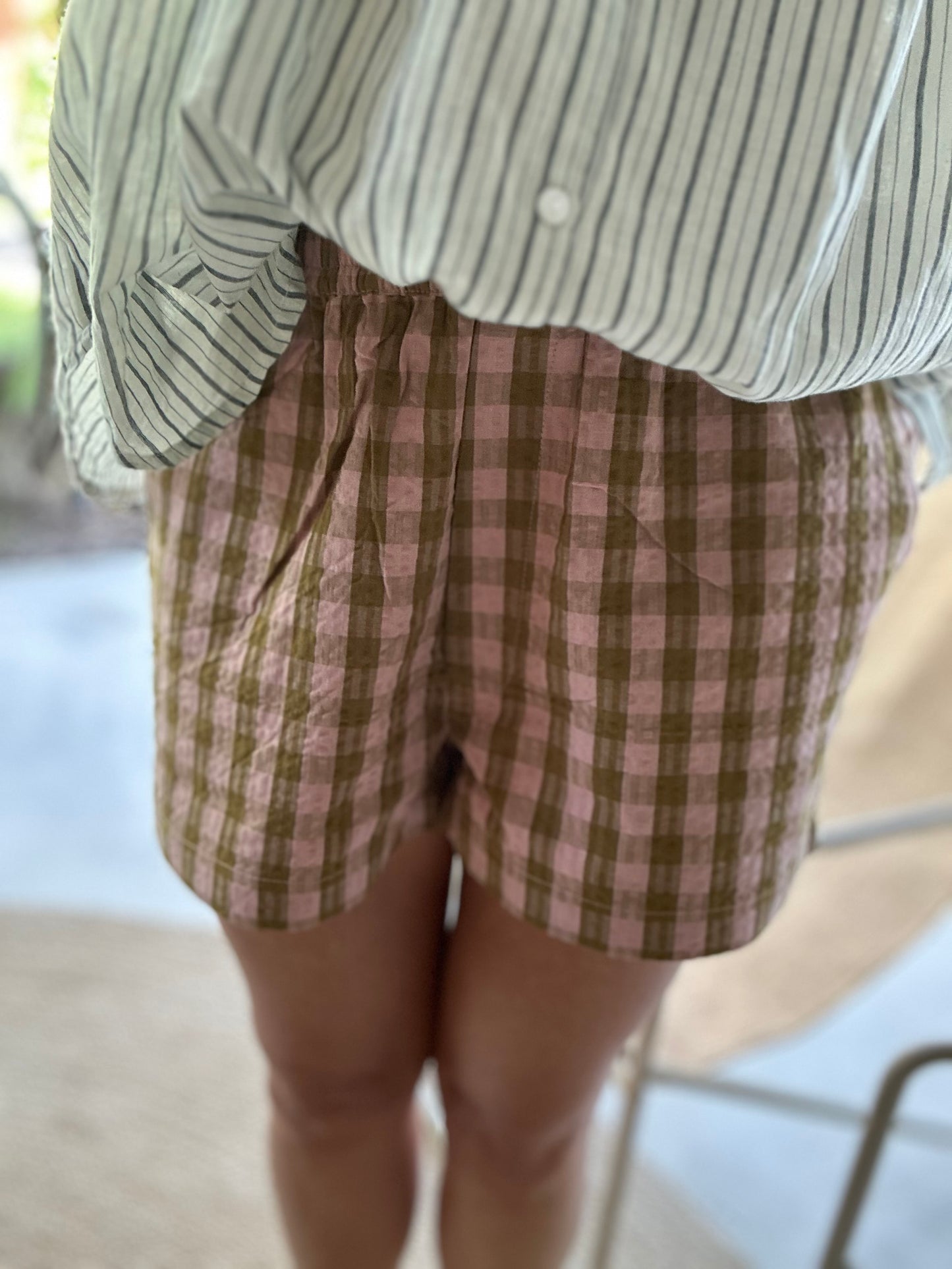 Short ARCA  en khadi de coton carreaux rose & kaki