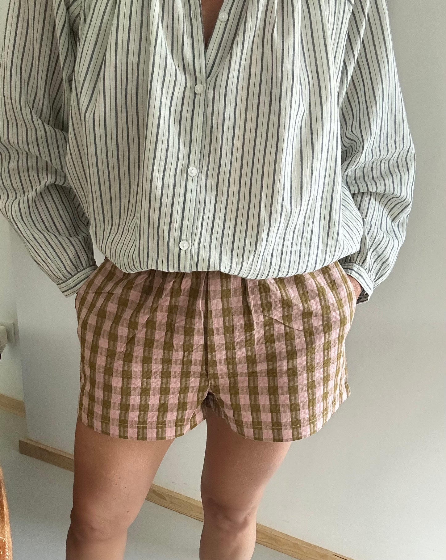 Short ARCA  en khadi de coton carreaux rose & kaki