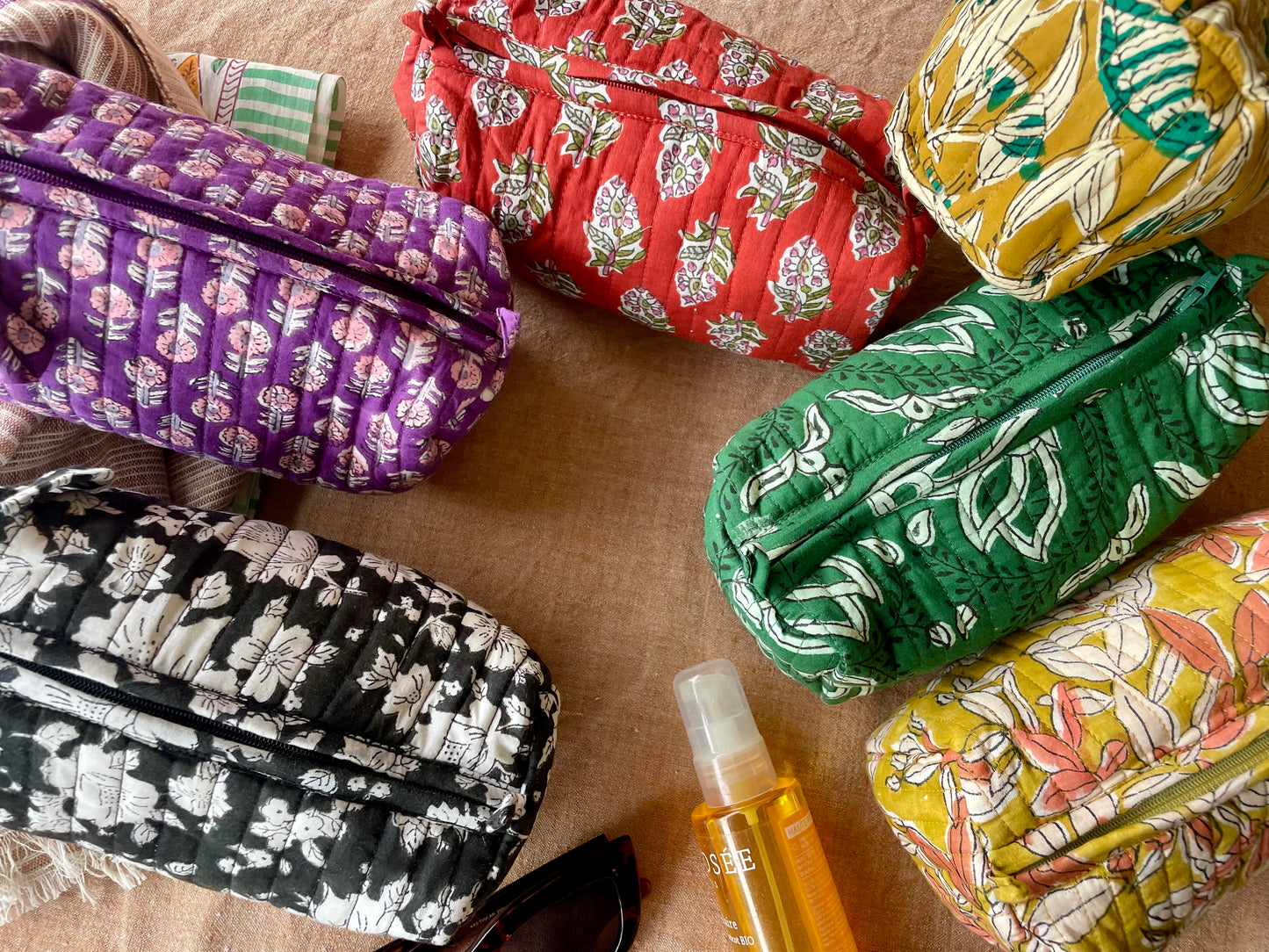 Trousse à maquillage en coton blockprint matelassé