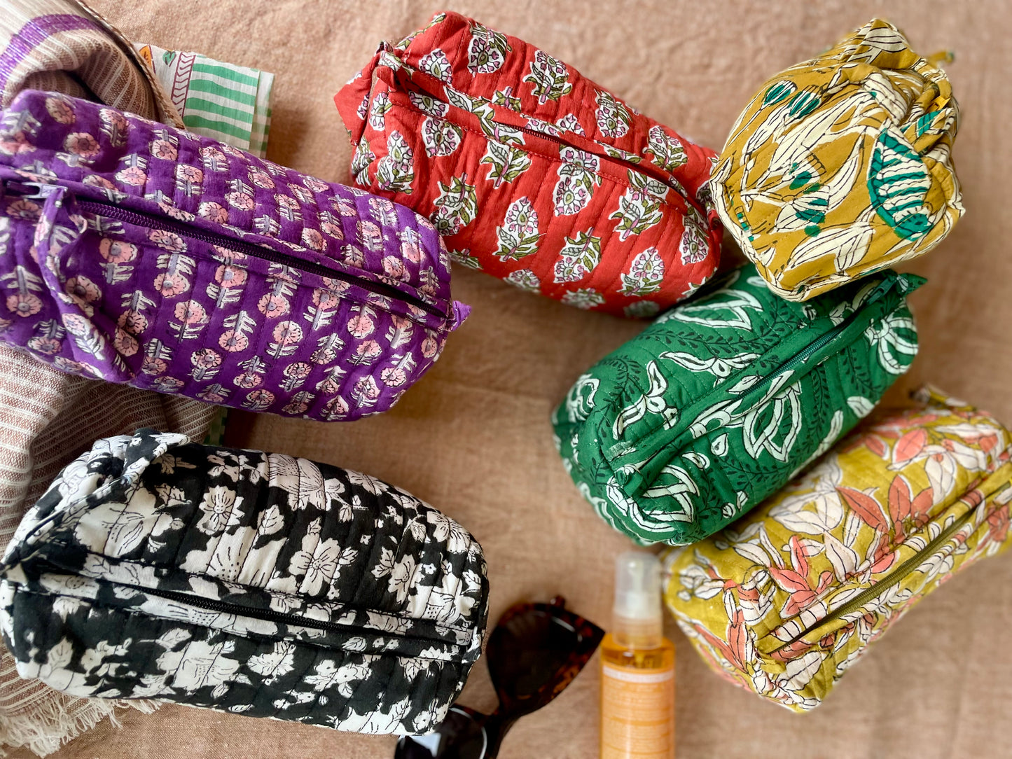 Trousse à maquillage en coton blockprint matelassé