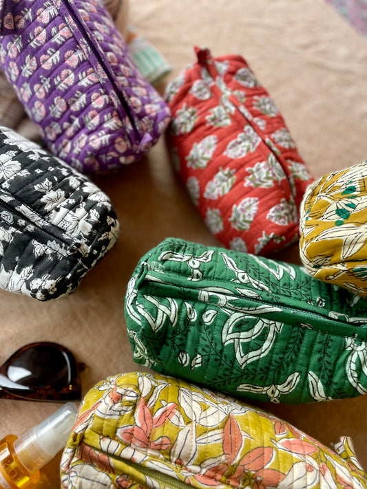 Trousse à maquillage en coton blockprint matelassé