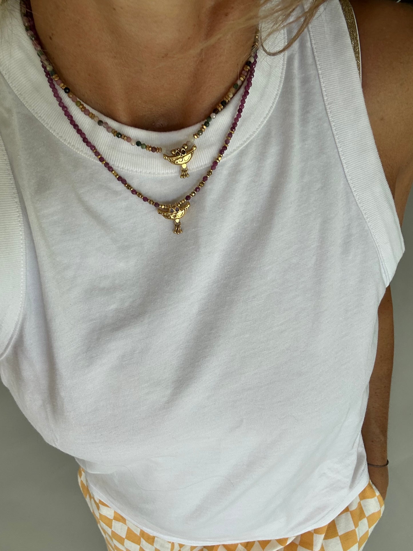 Collier Baba pierres semi-précieuses &  pendentif laiton