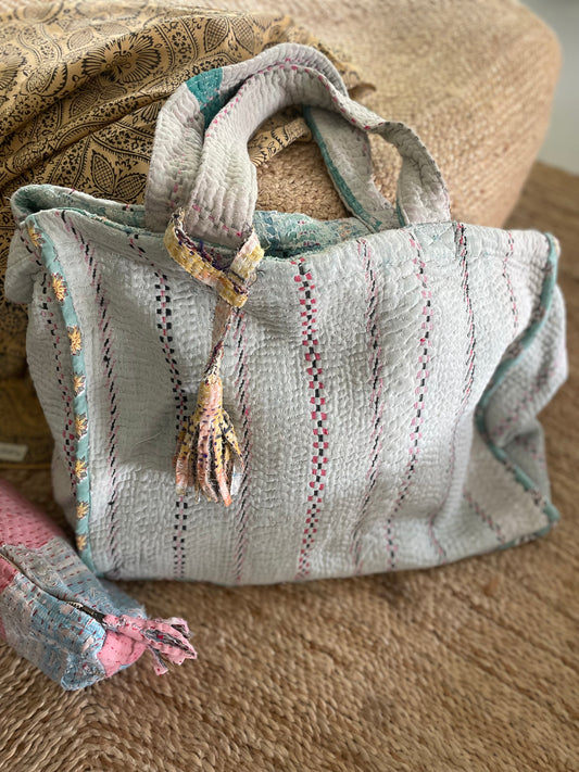 Cabas en Kantha Vintage Gris pâle