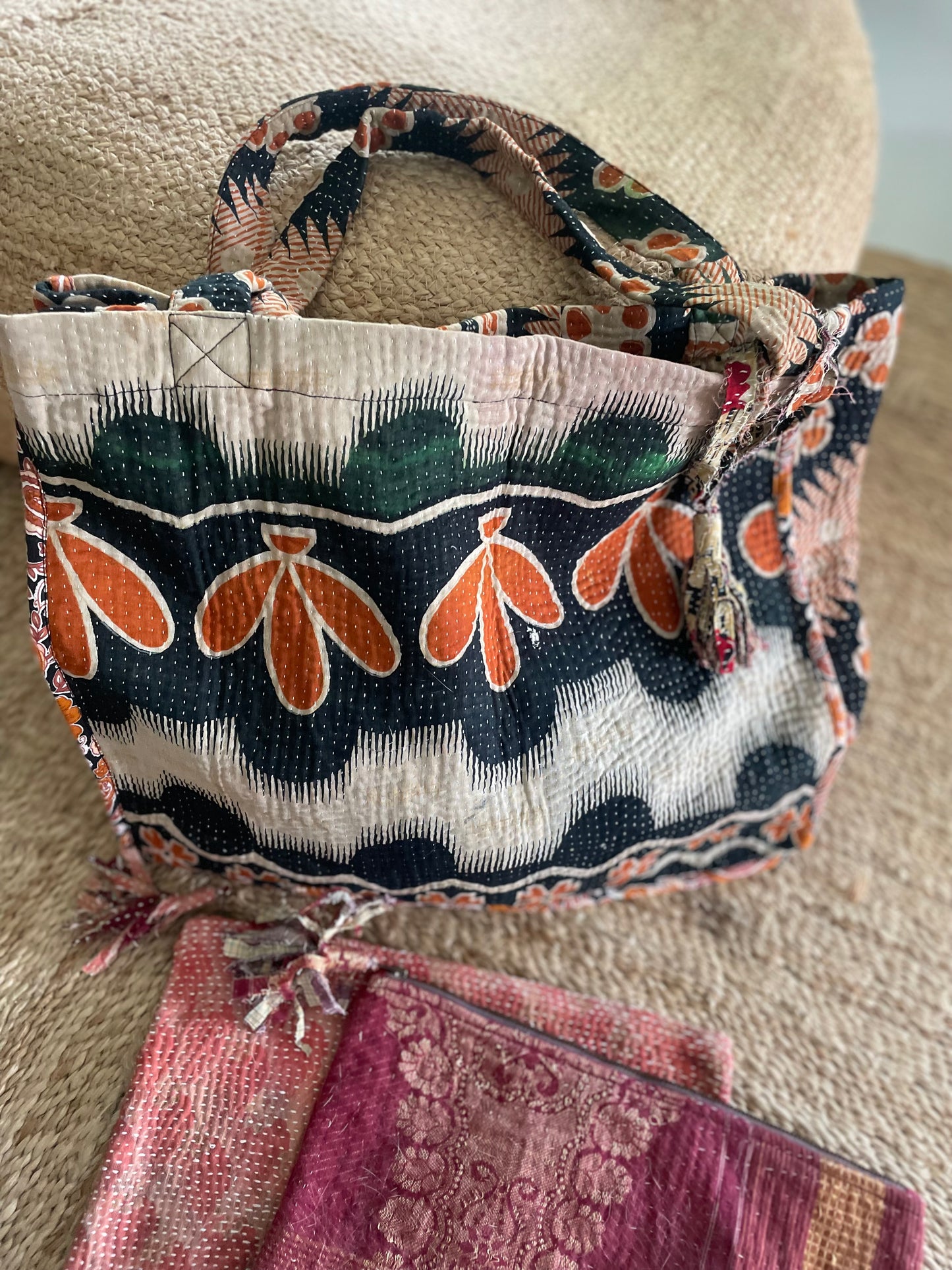 Cabas en Kantha vintage noir -beige orangé