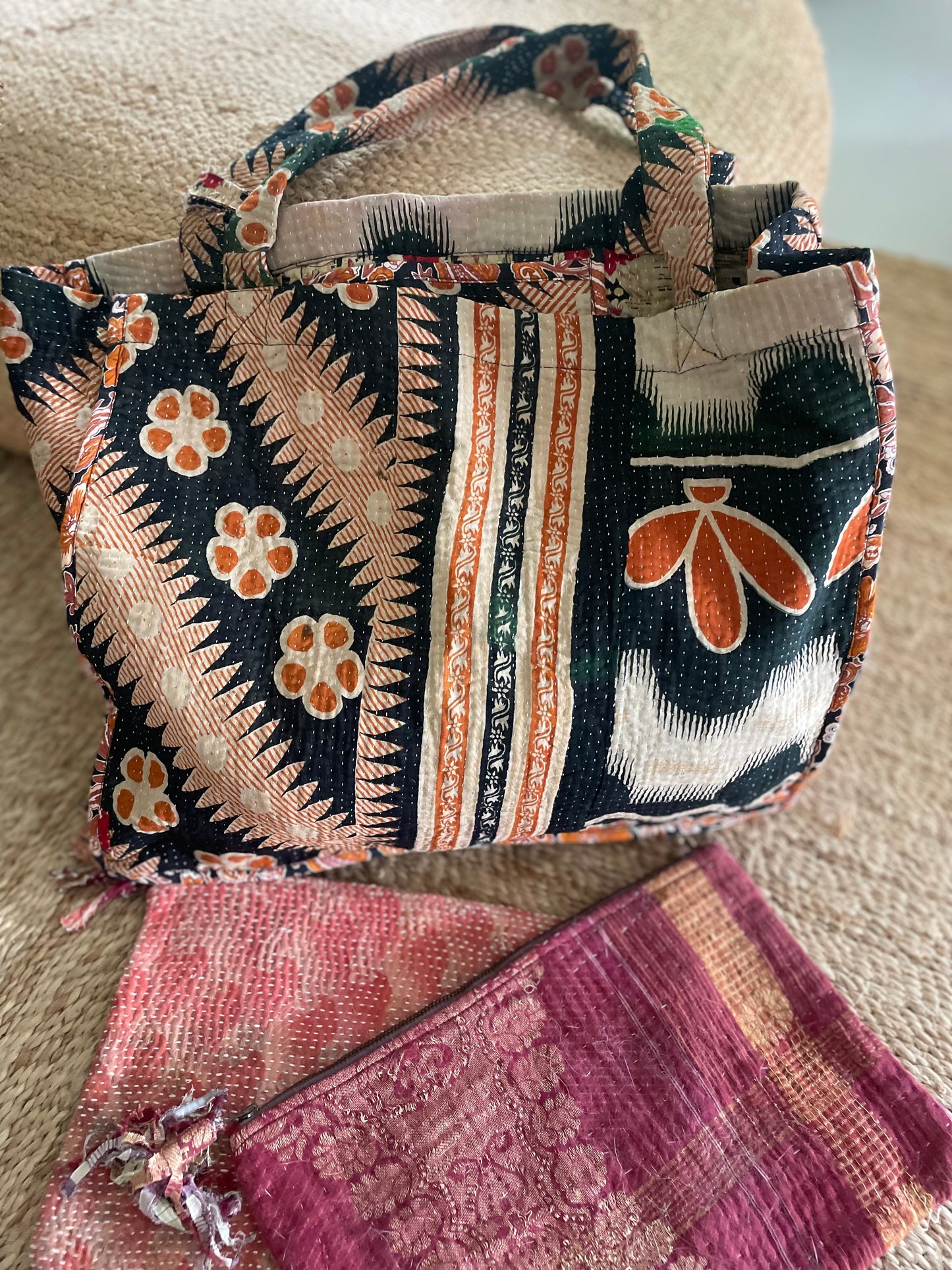 Cabas en Kantha vintage noir -beige orangé