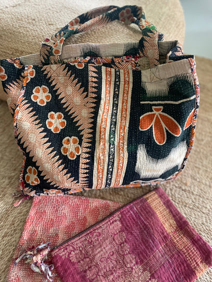 Cabas en Kantha vintage noir -beige orangé