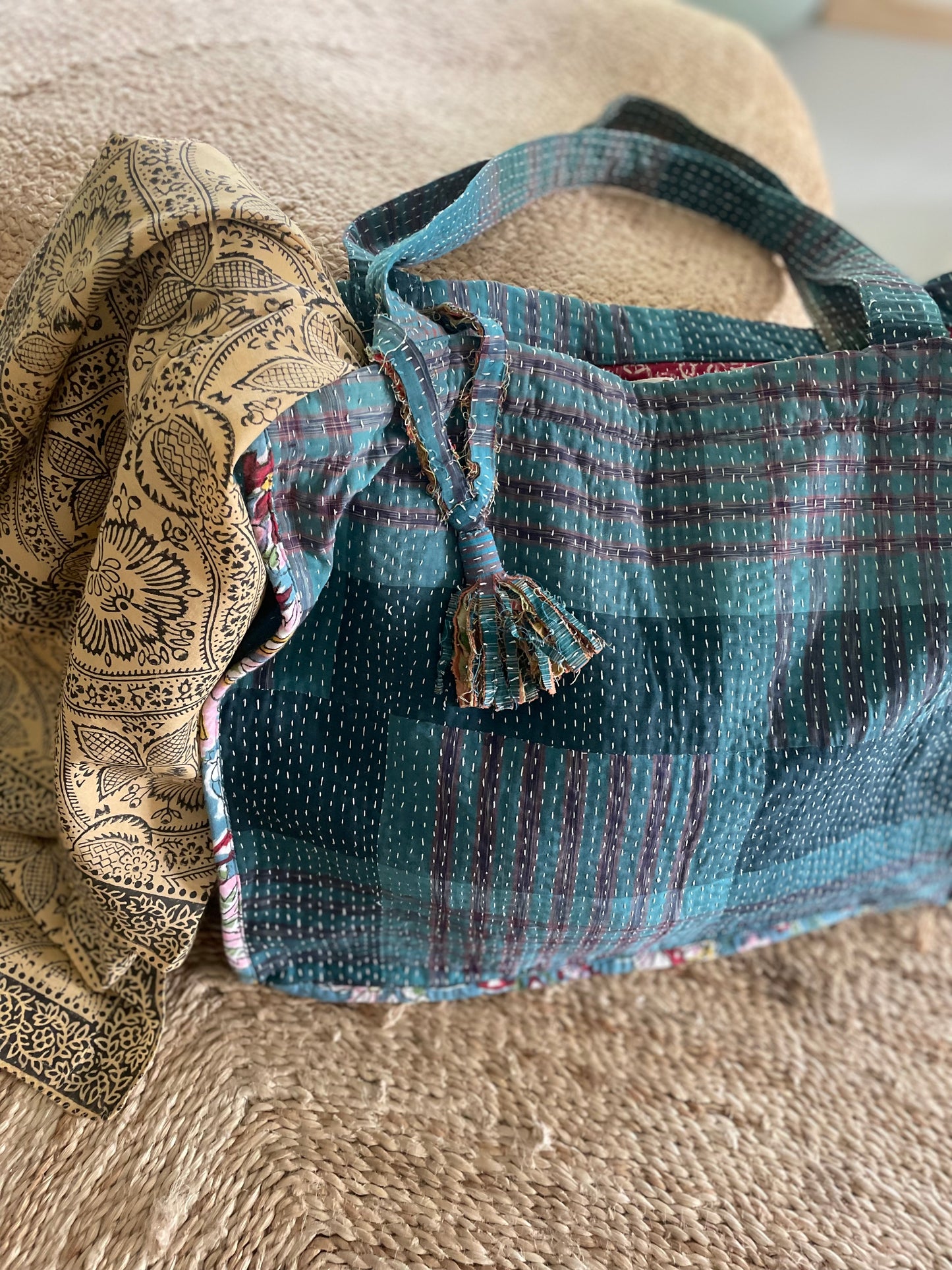 Cabas en Kantha vintage bleu