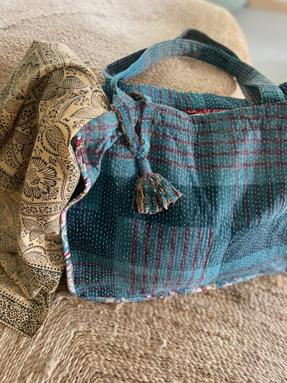 Cabas en Kantha vintage bleu