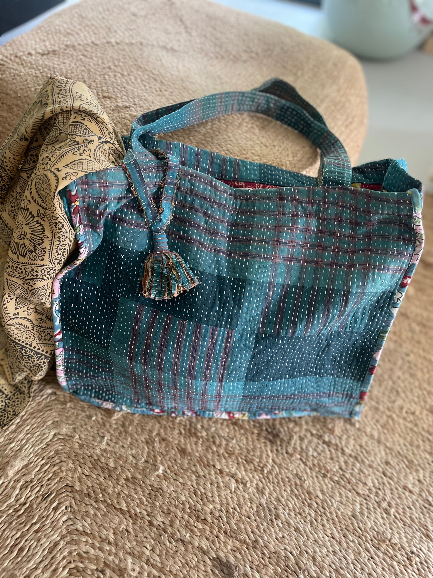 Cabas en Kantha vintage bleu