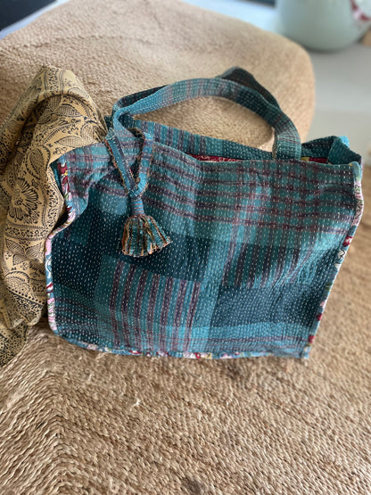 Cabas en Kantha vintage bleu