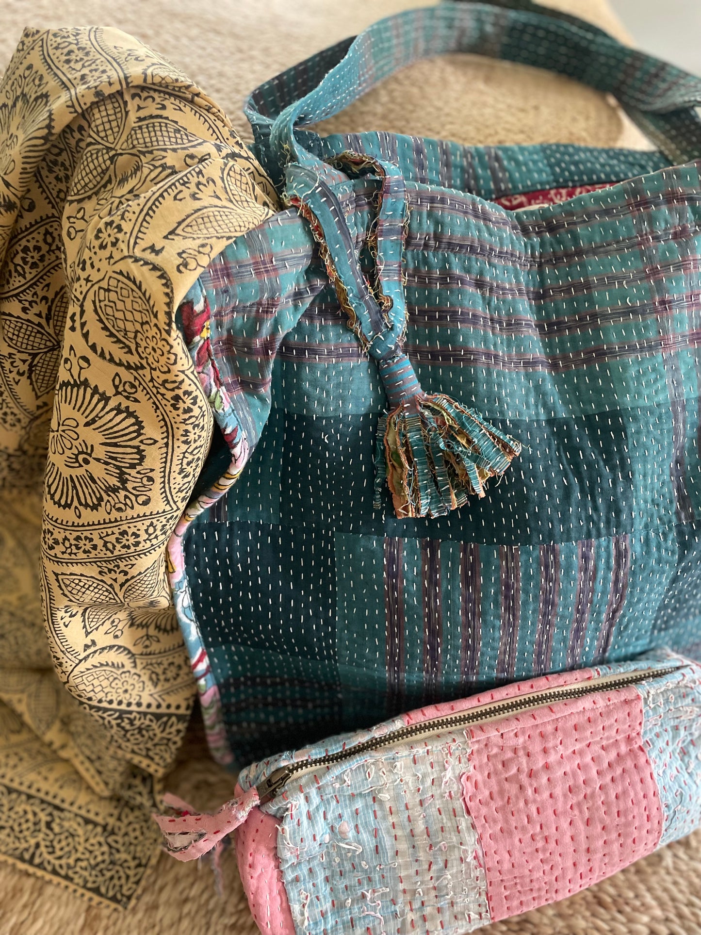 Cabas en Kantha vintage bleu