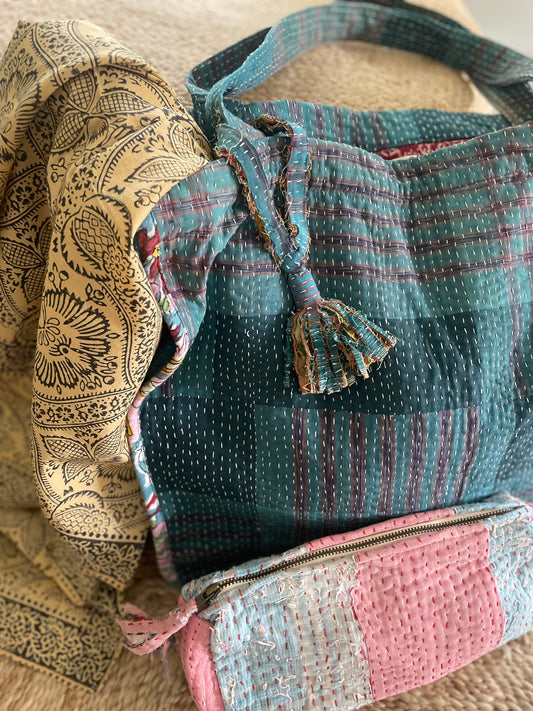 Cabas en Kantha vintage bleu