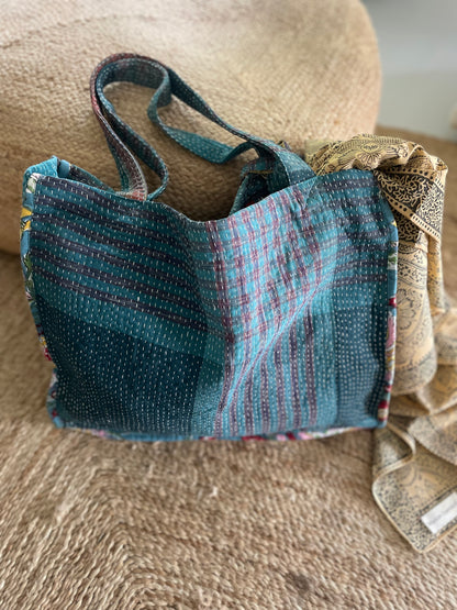 Cabas en Kantha vintage bleu