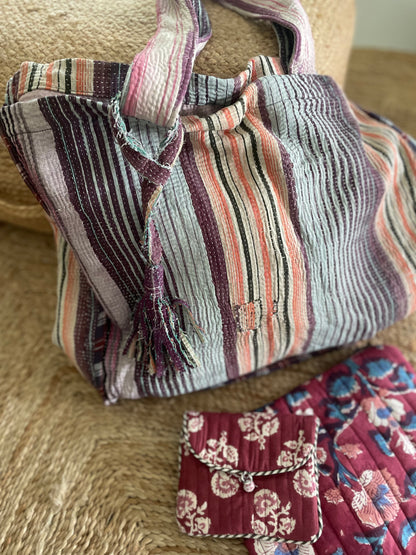 Cabas en kantha vintage Violine-orangé à rayures