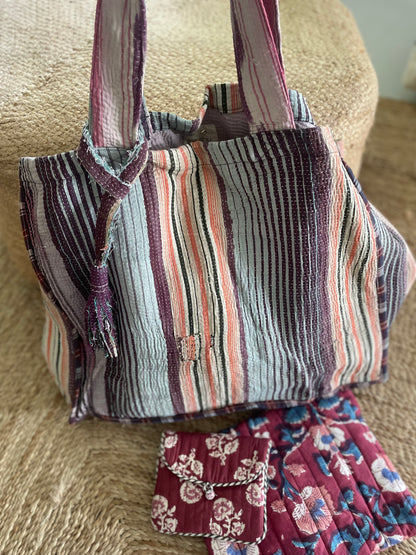 Cabas en kantha vintage Violine-orangé à rayures