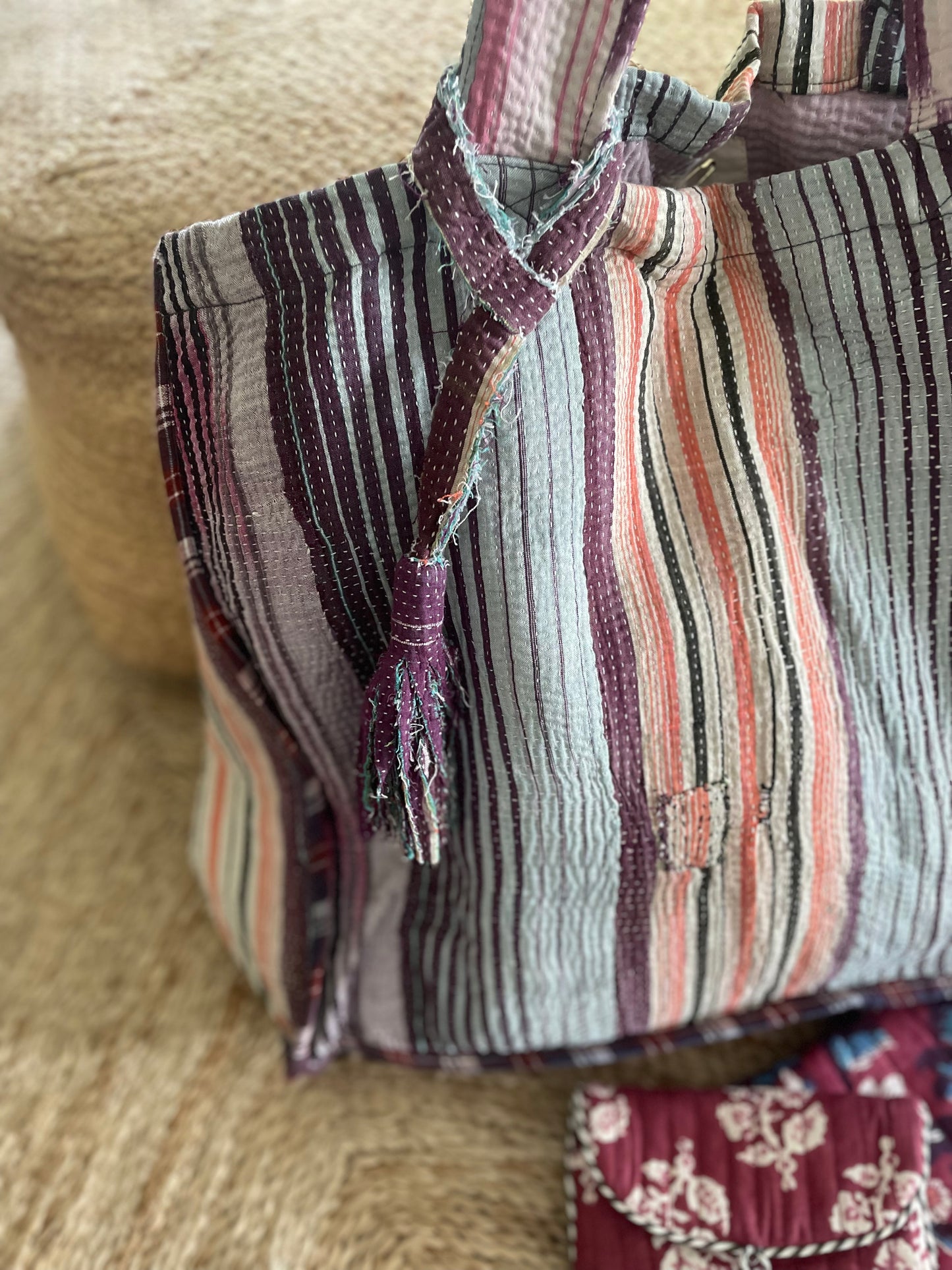 Cabas en kantha vintage Violine-orangé à rayures