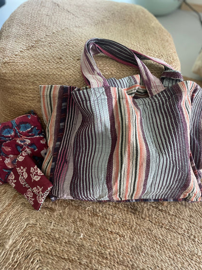 Cabas en kantha vintage Violine-orangé à rayures