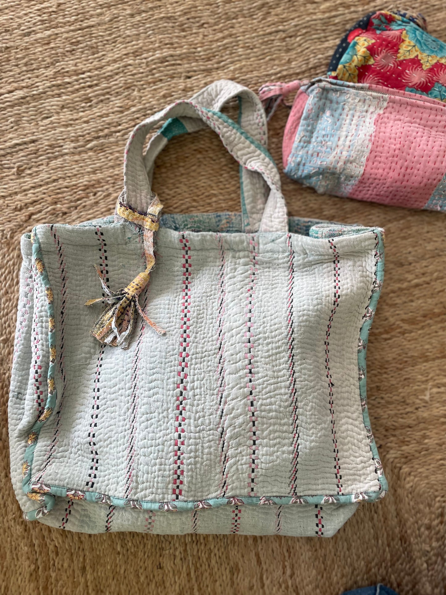 Cabas en Kantha Vintage Gris pâle