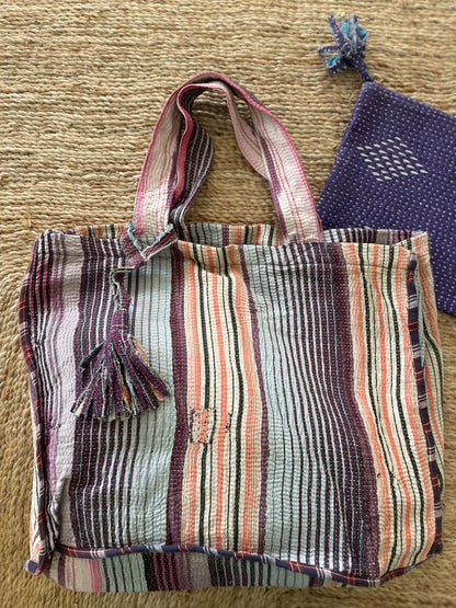 Cabas en kantha vintage Violine-orangé à rayures