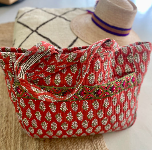 Cabas ruban en coton blockprint matelassé terracotta