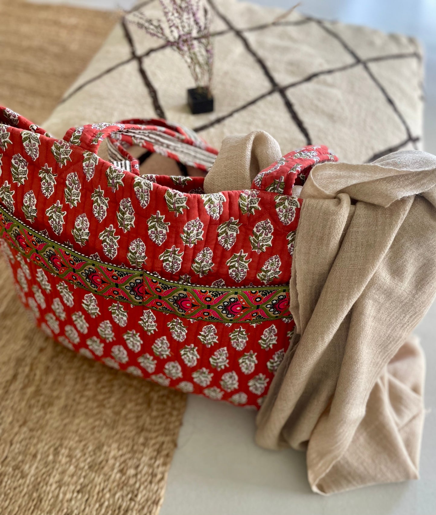 Cabas ruban en coton blockprint matelassé terracotta