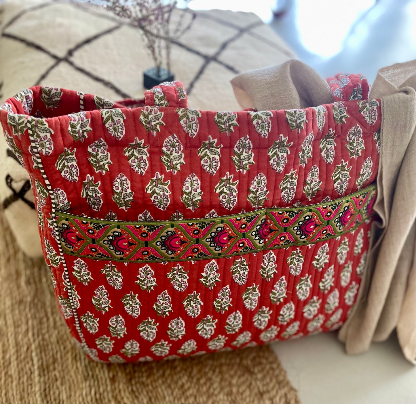 Cabas ruban en coton blockprint matelassé terracotta