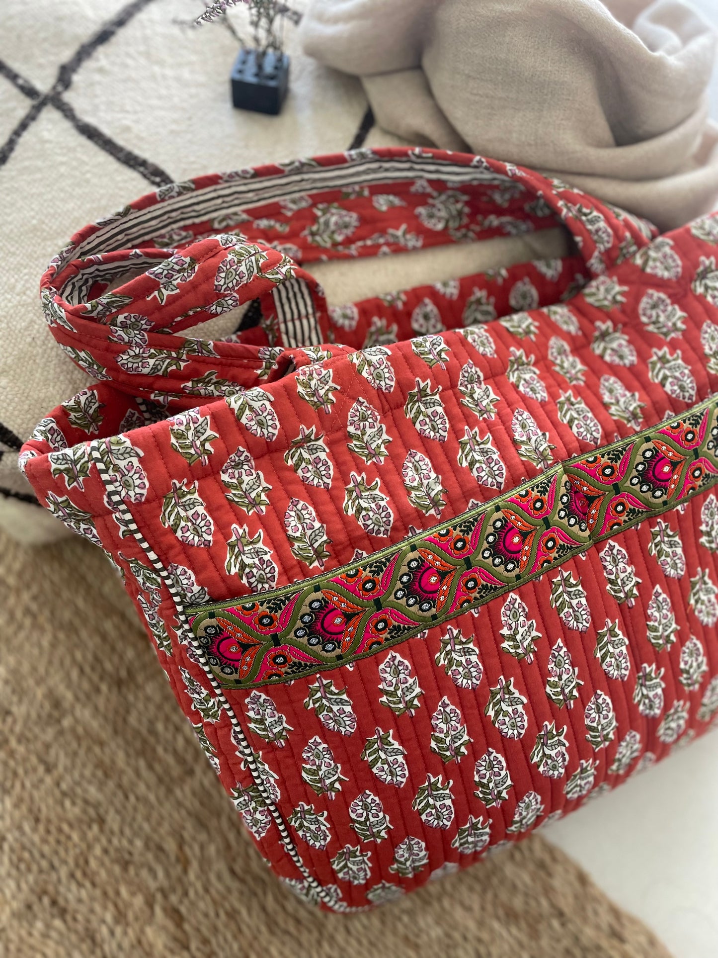 Cabas ruban en coton blockprint matelassé terracotta