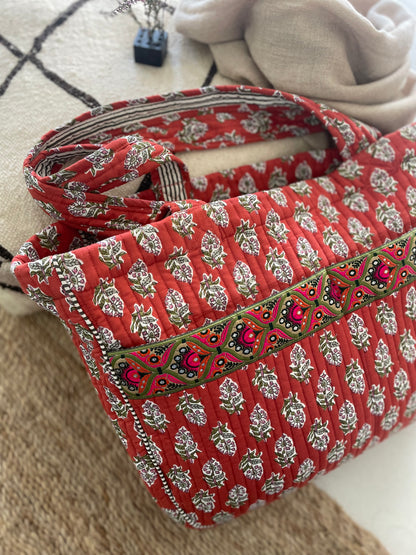 Cabas ruban en coton blockprint matelassé terracotta