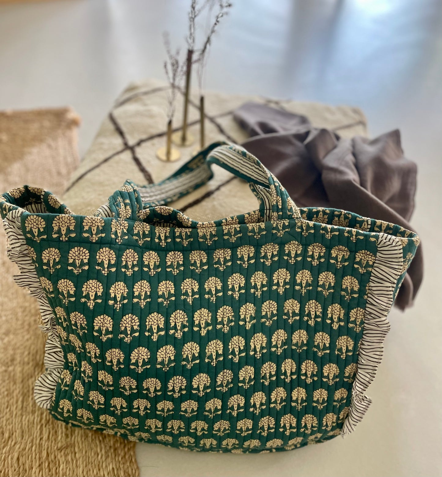 Cabas froufrou en coton blockprint matelassé Bleu jeans