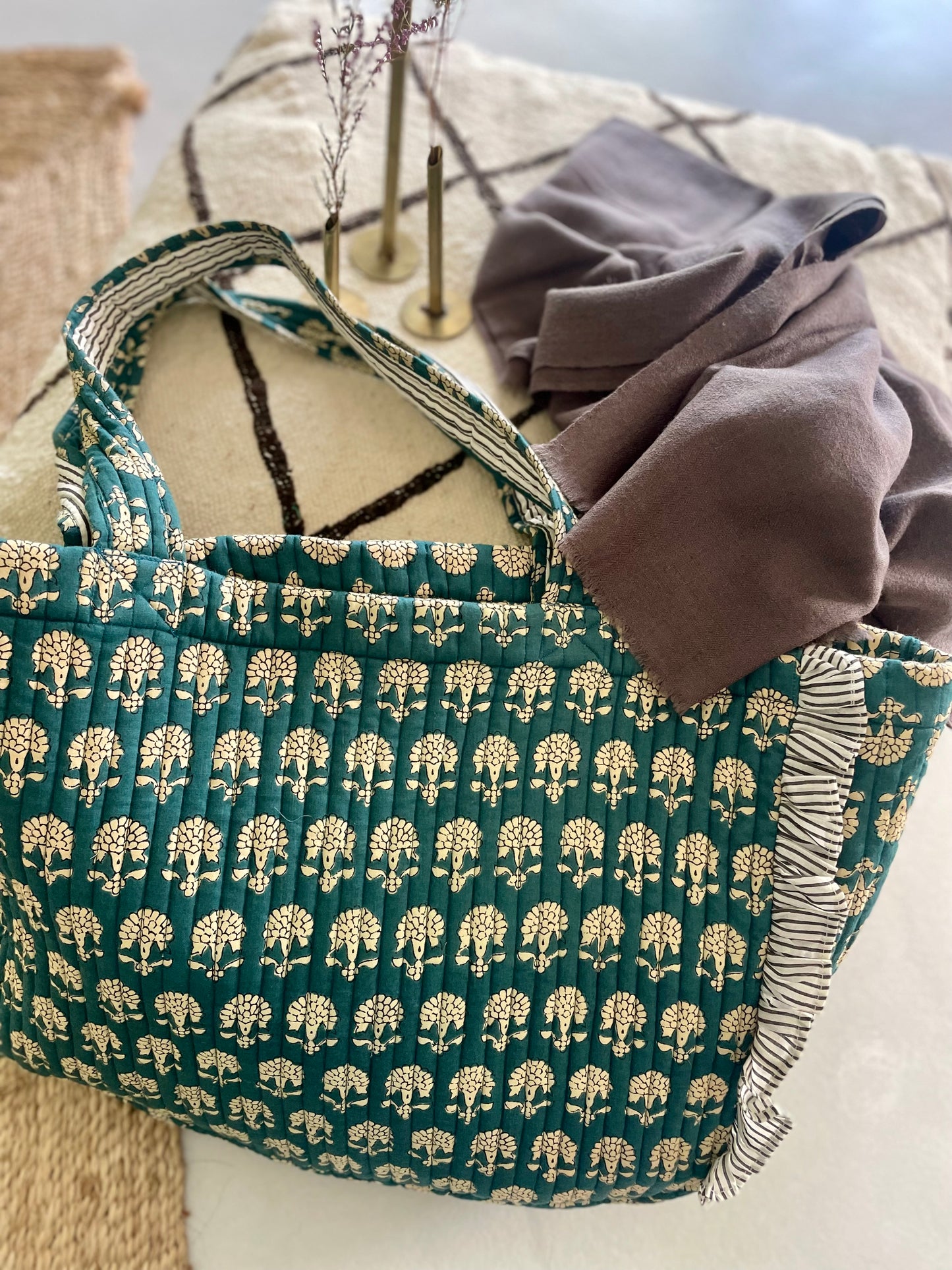 Cabas froufrou en coton blockprint matelassé Bleu jeans