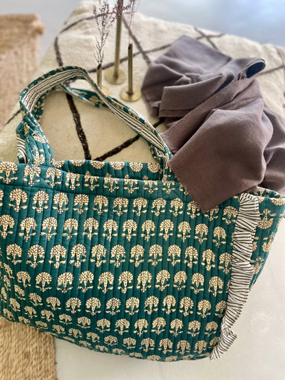 Cabas froufrou en coton blockprint matelassé Bleu jeans