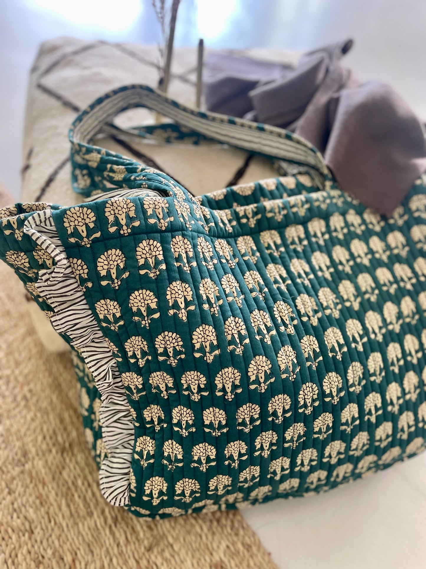 Cabas froufrou en coton blockprint matelassé Bleu jeans