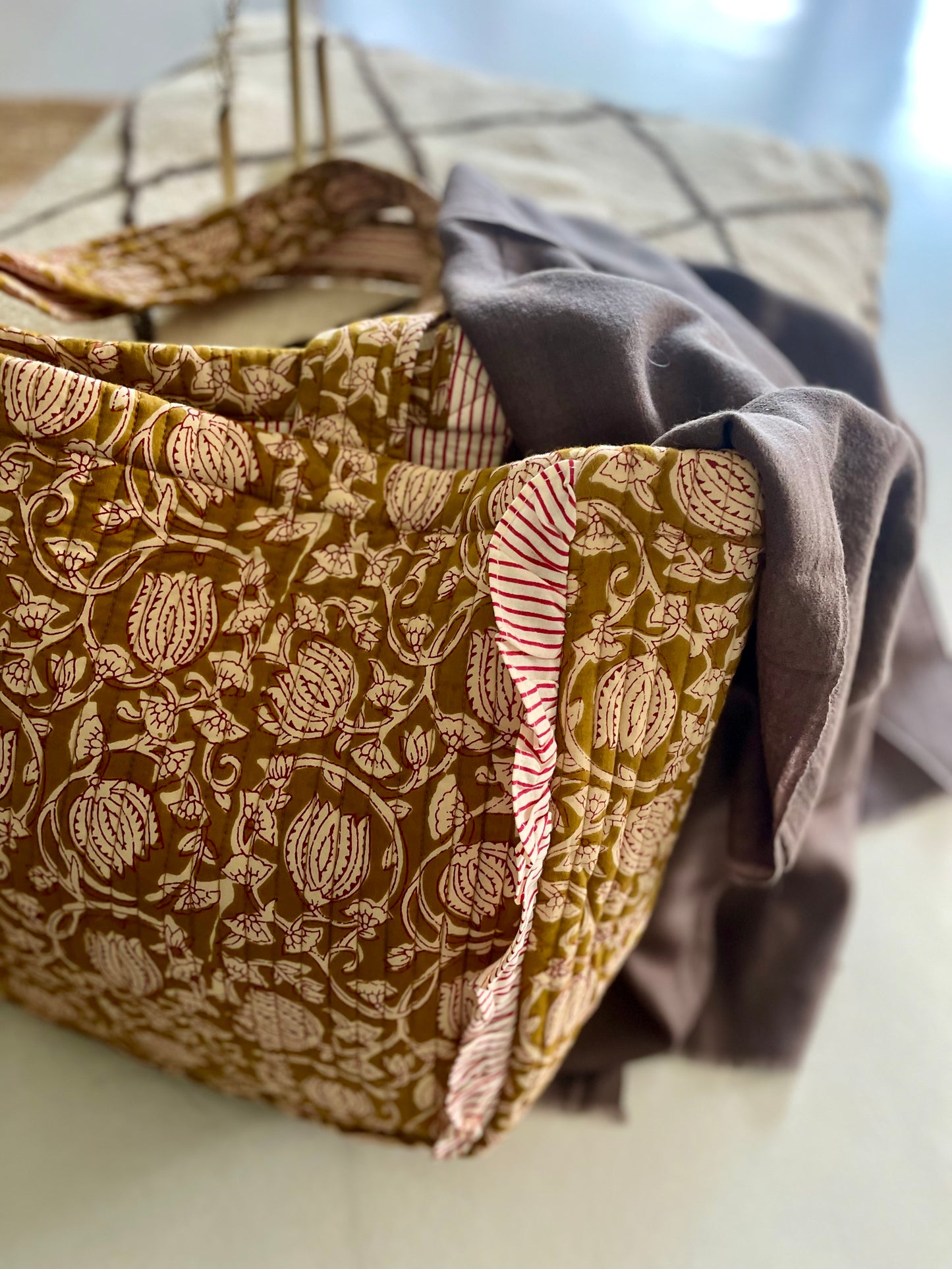 Cabas froufrou en coton blockprint matelassé Cumin