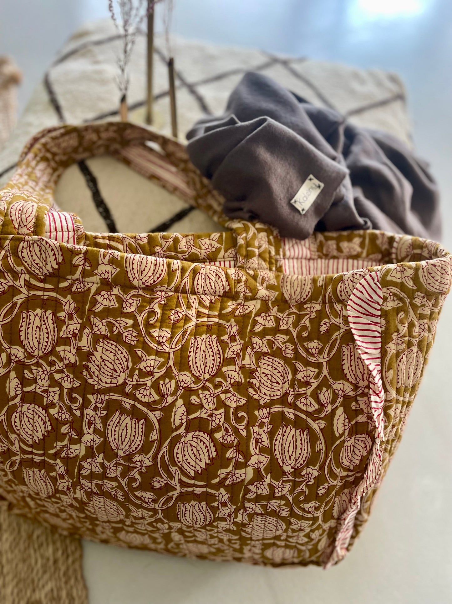 Cabas froufrou en coton blockprint matelassé Cumin