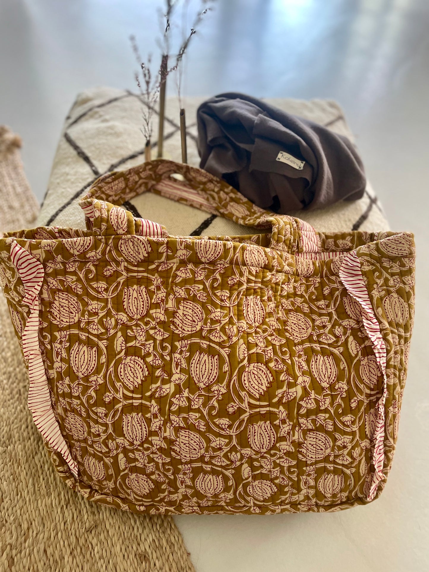 Cabas froufrou en coton blockprint matelassé Cumin