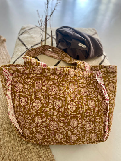 Cabas froufrou en coton blockprint matelassé Cumin