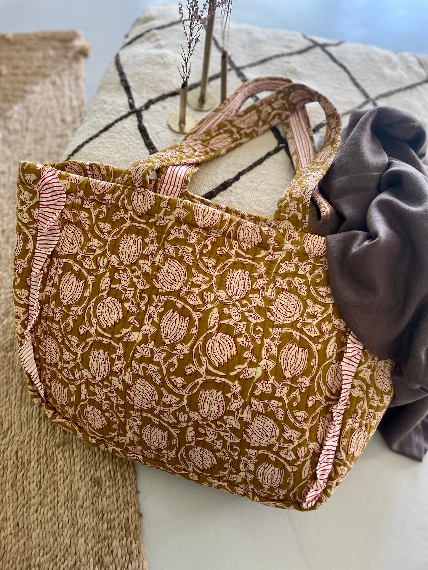 Cabas froufrou en coton blockprint matelassé Cumin