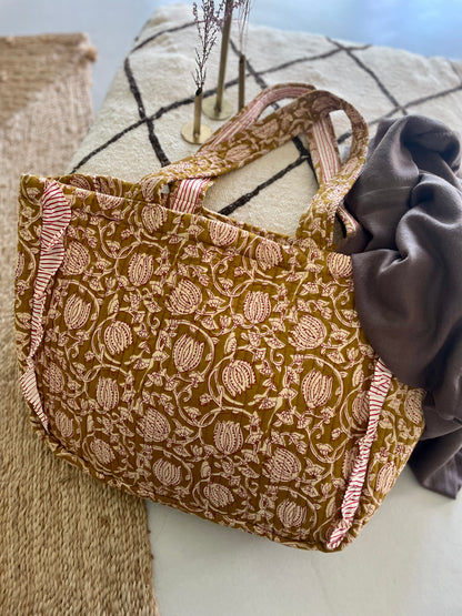 Cabas froufrou en coton blockprint matelassé Cumin